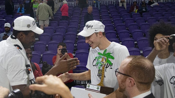 Derik Queen of Montverde Academy and Cooper Flagg after the championship game of the City of Palms