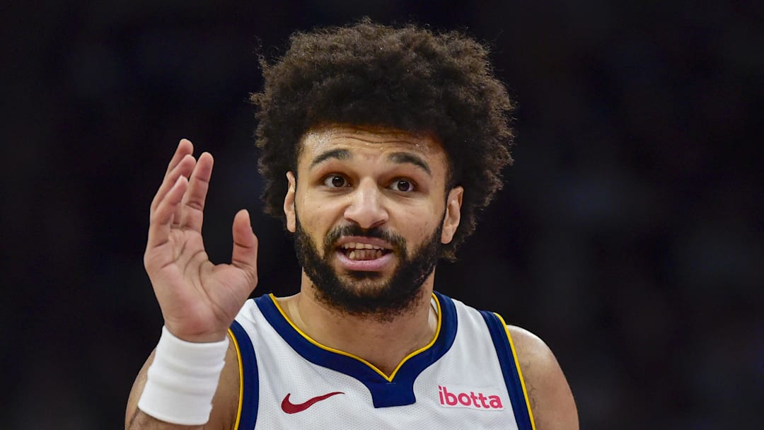 Mar 2, 2026; Salt Lake City, Utah, USA; Denver Nuggets guard Jamal Murray (27) pleads his case for a foul during the first half against the Utah Jazz at Delta Center. Mandatory Credit: Peter Creveling-Imagn Images