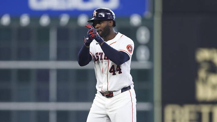 May 30, 2026; Houston, Texas, USA; Houston Astros designated hitter Yordan Alvarez (44) reacts after hitting a double during the first inning against the Milwaukee Brewers at Daikin Park. Mandatory Credit: Troy Taormina-Imagn Images