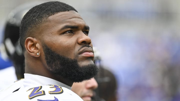 Aug 17, 2024; Baltimore, Maryland, USA;  Baltimore Ravens linebacker Trenton Simpson (23) looks towards the field during the second half against the Atlanta Falcons at M&T Bank Stadium. Mandatory Credit: Tommy Gilligan-USA TODAY Sports