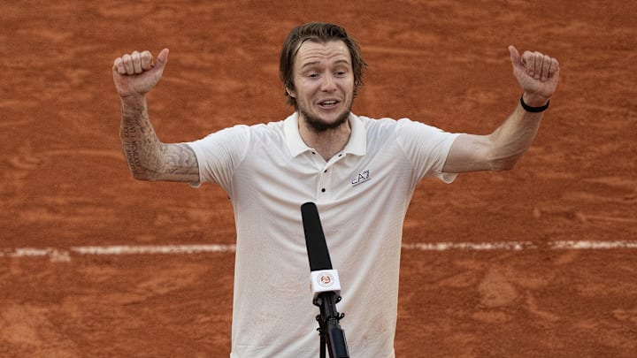 Alexander Bublik gives an interview during the French Open.