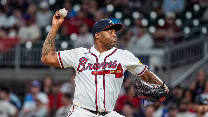 Aug 4, 2026; Cumberland, Georgia, USA; Atlanta Braves pitcher Raisel Iglesias (26)  pitches against the Miami Marlins during the ninth inning at Truist Park. Mandatory Credit: Dale Zanine-Imagn Images