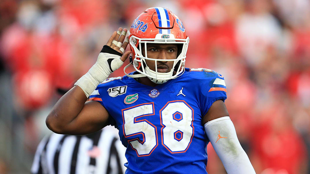 Nov 2, 2019; Jacksonville, FL, USA; Florida Gators linebacker Jonathan Greenard (58) gestures to the crowd against the Georgia Bulldogs at TIAA Bank Field. 