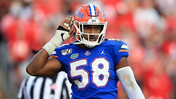 Nov 2, 2019; Jacksonville, FL, USA; Florida Gators linebacker Jonathan Greenard (58) gestures to the crowd against the Georgia Bulldogs at TIAA Bank Field. 