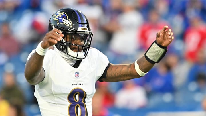Baltimore Ravens quarterback Lamar Jackson warms up prior to the game against the Buffalo Bills at Highmark Stadium. Baltimore Ravens quarterback Lamar Jackson warms up prior to the game against the Buffalo Bills at Highmark Stadium.