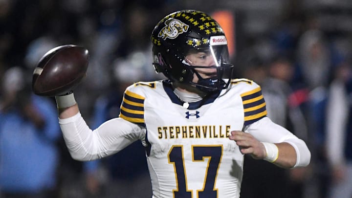 Stephenville's Trot Jordan prepares to throw the ball against West Plains in a Region I Class 4A Division I regional semifinal football game, Friday, Dec. 5, 2025, at PlainsCapital Park in Lowrey Field.