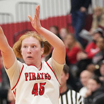 Pewaukee's Anna Terrian (45) tries for three during the game at home against Pius XI, Thursday, Jan. 16, 2025. The Pirates are 16-2 and have taken the No. 1 spot in the Top 15. 