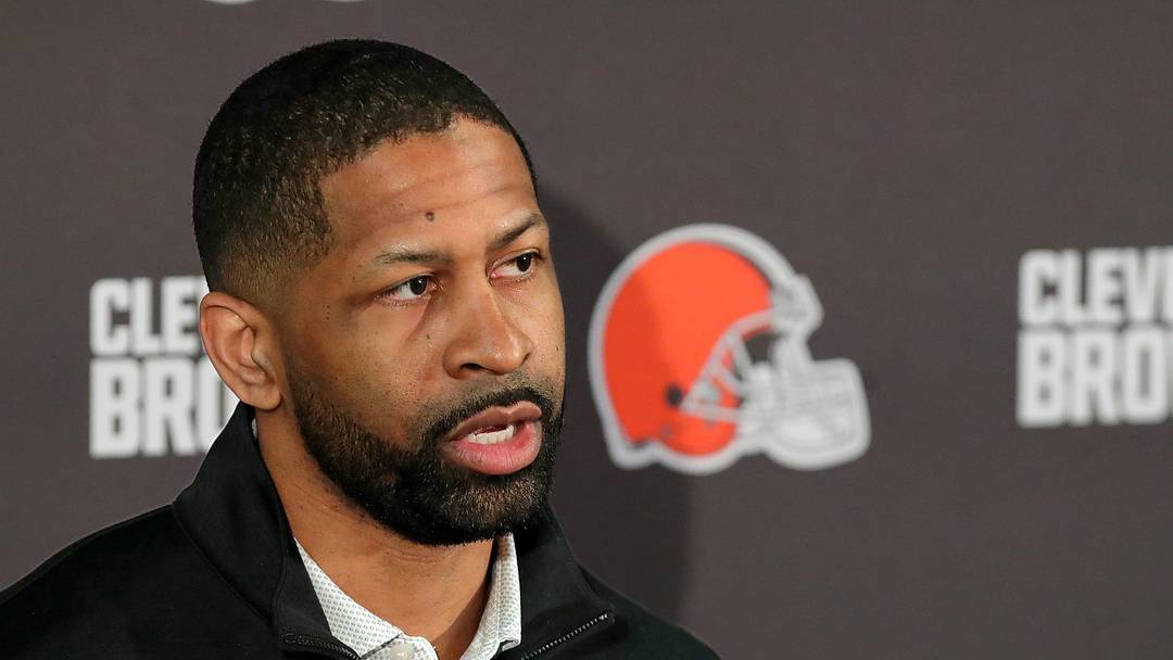 Cleveland Browns general manager Andrew Berry speaks about the hiring process during Todd Monken’s introductory press conference at the Cleveland Browns training facility, Feb. 3, 2026, in Berea, Ohio.