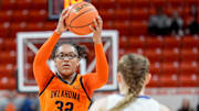 Oklahoma State guard Stailee Heard (32) looks to pass in the second quarter during an NCAA women’s basketball game between Oklahoma State and McNeese at Gallagher-Iba Arena in Stillwater, Okla., on Monday, Dec. 16, 2024.