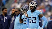 Tennessee Titans linebacker James Williams Sr. (52) watches his team face the Los Angeles Chargers during the third quarter at Nissan Stadium in Nashville, Tenn., Sunday, Nov. 2, 2025.