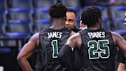 Feb 24, 2021; Memphis, Tennessee, USA; Tulane Green Wave head coach Ron Hunter talks with Tulane Green Wave guard Sion James (1) during the second half  at FedExForum.