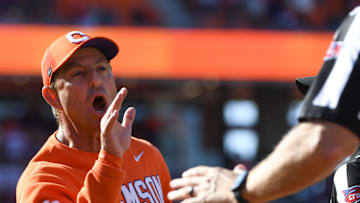 Clemson Tigers head coach Dabo Swinney talks to an official Saturday, Nov. 1, 2025, during the NCAA football game against the Duke Blue Devils at Memorial Stadium in Clemson, South Carolina.