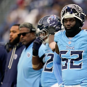 Tennessee Titans linebacker James Williams Sr. (52) watches his team face the Los Angeles Chargers during the third quarter at Nissan Stadium in Nashville, Tenn., Sunday, Nov. 2, 2025.