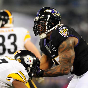 December 2, 2012;Baltimore, MD, USA;Baltimore Ravens linebacker Terrell Suggs (55) rushes the passer during the game against the Pittsburgh Steelers at M&T Bank Stadium. Mandatory Credit:  Evan Habeeb-USA TODAY Sports