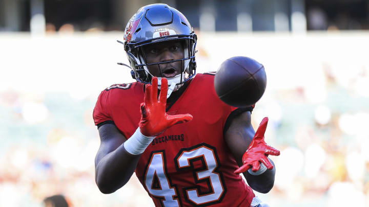 Aug 10, 2024; Cincinnati, Ohio, USA; Tampa Bay Buccaneers linebacker Chris Braswell (43) catches a pass during warmups before the game against the Cincinnati Bengals at Paycor Stadium. Mandatory Credit: Katie Stratman-USA TODAY Sports