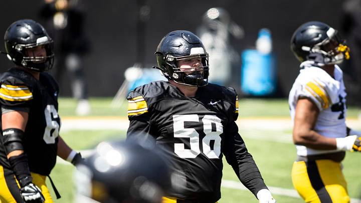 Apr 26, 2025; Iowa City, IA, USA; Iowa offensive lineman Kade Pieper looks to the sideline during a spring NCAA football open practice at Kinnick Stadium. Mandatory Credit: Joseph Cress/For the Register