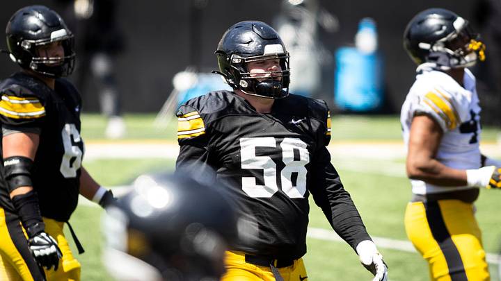 Apr 26, 2025; Iowa City, IA, USA; Iowa offensive lineman Kade Pieper looks to the sideline during a spring NCAA football open practice at Kinnick Stadium. Mandatory Credit: Joseph Cress/For the Register