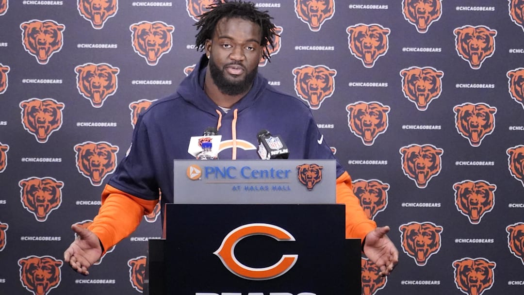 May 10, 2025; Lake Forest, IL, USA; Chicago Bears linebacker Ruben Hyppolite III answers questions after rookie minicamp at Halas Hall. Mandatory Credit: David Banks-Imagn Images