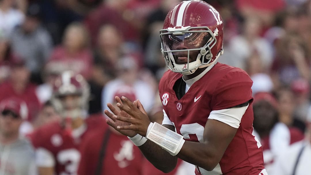 Nov 22, 2025; Tuscaloosa, Alabama, USA;  Alabama quarterback Keelon Russell (12) gets ready to take a snap during the game with Eastern Illinois at Saban Field at Bryant-Denny Stadium. Mandatory Credit: Gary Cosby Jr.-Imagn Images