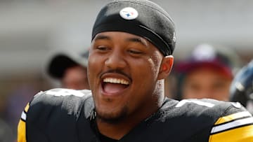 Oct 8, 2023; Pittsburgh, Pennsylvania, USA;  Pittsburgh Steelers guard Spencer Anderson (74) reacts on the sidelines against the Baltimore Ravens during the first quarter at Acrisure Stadium. Mandatory Credit: Charles LeClaire-Imagn Images