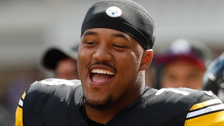 Oct 8, 2023; Pittsburgh, Pennsylvania, USA;  Pittsburgh Steelers guard Spencer Anderson (74) reacts on the sidelines against the Baltimore Ravens during the first quarter at Acrisure Stadium. Mandatory Credit: Charles LeClaire-Imagn Images