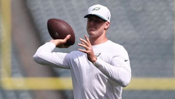 Aug 16, 2025; Philadelphia, Pennsylvania, USA; Philadelphia Eagles quarterback Tanner McKee warms up before action against the Cleveland Browns at Lincoln Financial Field. Mandatory Credit: Bill Streicher-Imagn Images