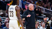 Oct 23, 2025; Indianapolis, Indiana, USA;  Indiana Pacers head coach Rick Carlisle in the first half against the Oklahoma City Thunder at Gainbridge Fieldhouse. Mandatory Credit: Trevor Ruszkowski-Imagn Images