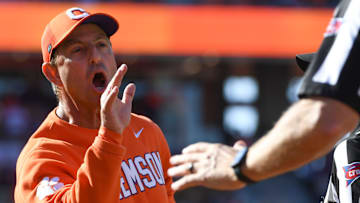 Clemson Tigers head coach Dabo Swinney talks to an official Saturday, Nov. 1, 2025, during the NCAA football game against the Duke Blue Devils at Memorial Stadium in Clemson, South Carolina.