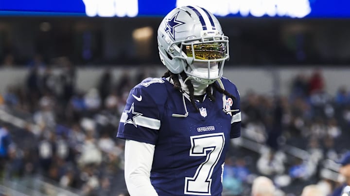 Dec 21, 2025; Arlington, Texas, USA; Dallas Cowboys cornerback Trevon Diggs (7) participates in pregame warmups against the Los Angeles Chargers at AT&T Stadium. Mandatory Credit: Kevin Jairaj-Imagn Images