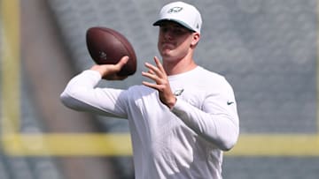 Philadelphia Eagles quarterback Tanner McKee warms up before action against the Cleveland Browns at Lincoln Financial Field.