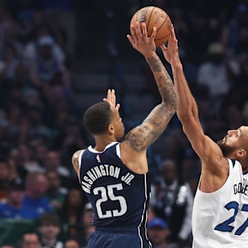 Minnesota Timberwolves center Rudy Gobert (27) blocks Dallas Mavericks forward P.J. Washington (25) during the first quarter of Game 4 of the Western Conference finals at American Airlines Center in Dallas on May 28, 2024.