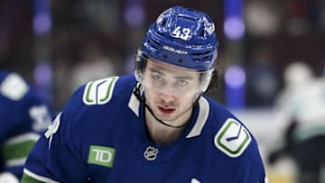 Vancouver Canucks defenseman Quinn Hughes during pre game warm up against the Seattle Kraken.