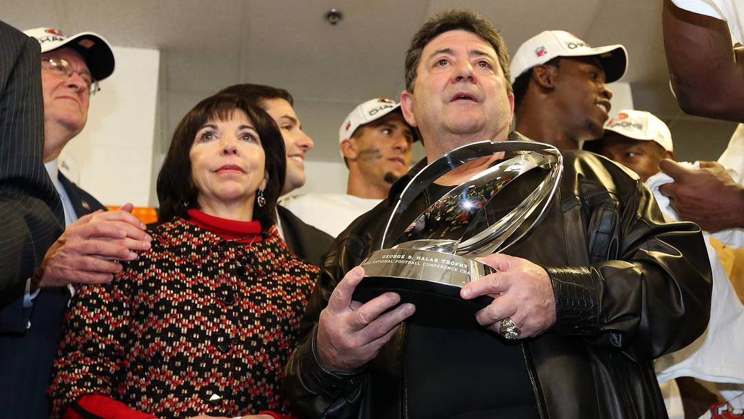 Jan 20, 2013; Atlanta, GA, USA; San Francisco 49ers former owner Eddie DeBartolo (right) and co-chair Denise DeBartolo York (left) present the trophy for the NFC Championship game against the Atlanta Falcons at the Georgia Dome. The 49ers won 28-24. Mandatory Credit: Matthew Emmons-USA TODAY Sports Jan 20, 2013; Atlanta, GA, USA; San Francisco 49ers former owner Eddie DeBartolo (right) and co-chair Denise DeBartolo York (left) present the trophy for the NFC Championship game against the Atlanta Falcons at the Georgia Dome. The 49ers won 28-24. Mandatory Credit: Matthew Emmons-USA TODAY Sports