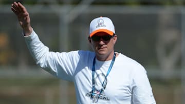 January 24, 2014; Kapolei, HI, USA; Carolina Panthers offensive coordinator Mike Shula during the 2014 Pro Bowl practice at Kapolei High School. Mandatory Credit: Kirby Lee-Imagn Images