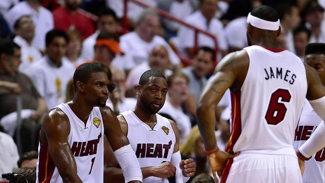 Jun 12, 2014; Miami, FL, USA; Miami Heat forward LeBron James (6) talks with center Chris Bosh (1), guard Dwyane Wade (3), guard Norris Cole (30) and guard Ray Allen (34) during the second quarter of game four of the 2014 NBA Finals against the San Antonio Spurs at American Airlines Arena. Mandatory Credit: Bob Donnan-USA TODAY Sports Jun 12, 2014; Miami, FL, USA; Miami Heat forward LeBron James (6) talks with center Chris Bosh (1), guard Dwyane Wade (3), guard Norris Cole (30) and guard Ray Allen (34) during the second quarter of game four of the 2014 NBA Finals against the San Antonio Spurs at American Airlines Arena. Mandatory Credit: Bob Donnan-USA TODAY Sports