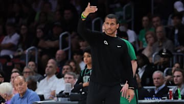 Boston Celtics head coach Joe Mazzulla reacts from the sideline against the Miami Heat during the third quarter at Kaseya Center.