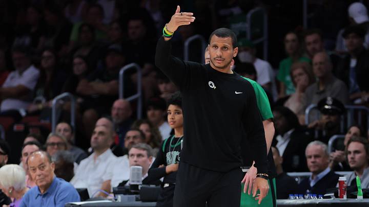Boston Celtics head coach Joe Mazzulla reacts from the sideline against the Miami Heat during the third quarter at Kaseya Center.
