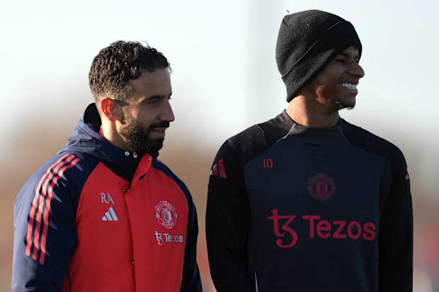 Ruben Amorim (left) and Marcus Rashford at Man Utd training.