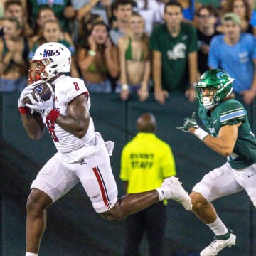 Sep 2, 2023; New Orleans, Louisiana, USA;  South Alabama Jaguars tight end DJ Thomas-Jones (8) catches a pass for a touchdown against the Tulane Green Wave during the first half at Yulman Stadium. Mandatory Credit: Stephen Lew-USA TODAY Sports