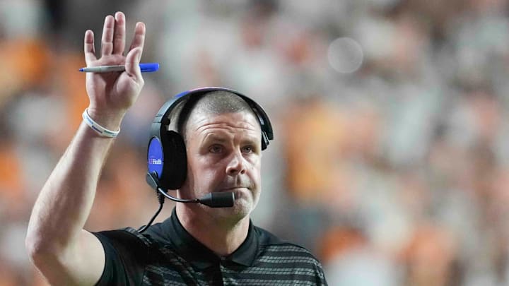 Oct 12, 2024; Knoxville, Tennessee, USA; Florida Gators head coach Billy Napier reacts during a game against the Tennessee Volunteers  at Neyland Stadium. Mandatory Credit: Brianna Paciorka/USA TODAY Network via Imagn Images