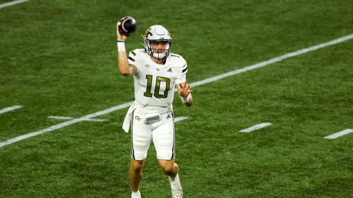 Aug 31, 2024; Atlanta, Georgia, USA; Georgia Tech Yellow Jackets quarterback Haynes King (10) throws a pass against Georgia State Panthers in the second quarter at Bobby Dodd Stadium at Hyundai Field. Mandatory Credit: Brett Davis-USA TODAY Sports