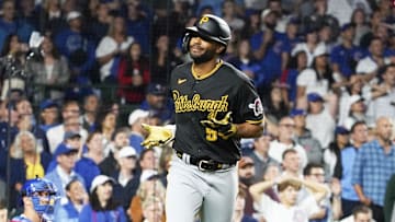 Sep 21, 2023; Chicago, Illinois, USA; Pittsburgh Pirates pinch-hitter Joshua Palacios (54) gestures after hitting a three-run home run against the Chicago Cubs during the ninth inning at Wrigley Field. Mandatory Credit: David Banks-Imagn Images