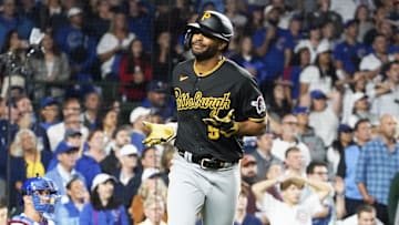 Sep 21, 2023; Chicago, Illinois, USA; Pittsburgh Pirates pinch-hitter Joshua Palacios (54) gestures after hitting a three-run home run against the Chicago Cubs during the ninth inning at Wrigley Field. Mandatory Credit: David Banks-Imagn Images