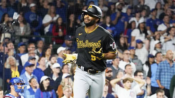 Sep 21, 2023; Chicago, Illinois, USA; Pittsburgh Pirates pinch-hitter Joshua Palacios (54) gestures after hitting a three-run home run against the Chicago Cubs during the ninth inning at Wrigley Field. Mandatory Credit: David Banks-Imagn Images