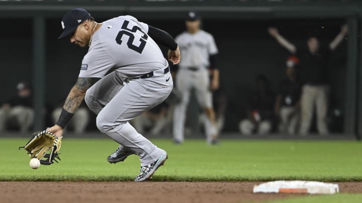 May 1, 2024; Baltimore, Maryland, USA;  New York Yankees second baseman Gleyber Torres (25) attempts