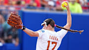 Texas' Teagan Kavan (17) throws a pitch in the first inning of the Women's College World Series championship game.