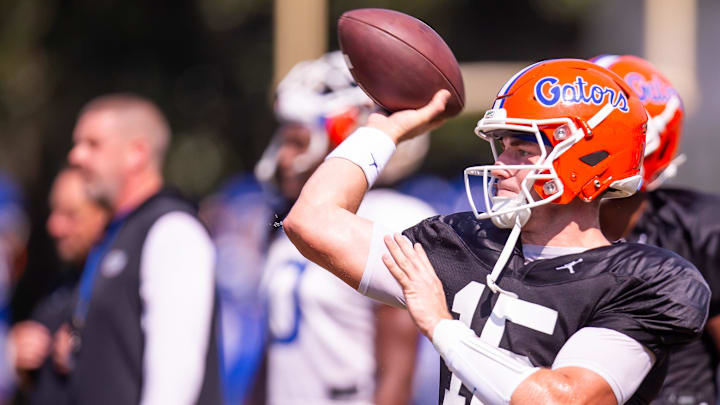 Florida Gators quarterback Graham Mertz (15) passes during Fall practice at Sanders Practice Fields in Gainesville, FL on Thursday, August 8, 2024. [Doug Engle/Gainesville Sun]
