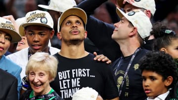 Jun 17, 2024; Boston, Massachusetts, USA; Boston Celtics head coach Joe Mazzulla celebrates after beating the Dallas Mavericks in game five of the 2024 NBA Finals to win the NBA Championship at TD Garden. Mandatory Credit: Peter Casey-USA TODAY Sports