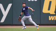 Jul 15, 2025; Cumberland, Georgia, USA; American League outfielder Steven Kwan (38) of the Cleveland Guardians warms up before the 2025 MLB All Star Game at Truist Park. Mandatory Credit: Brett Davis-Imagn Images