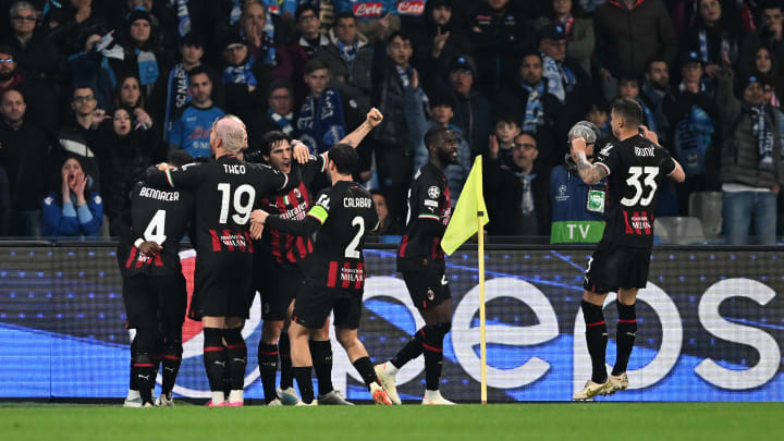 Milan celebrate Olivier Giroud's goal in the Champions League quarter-finals